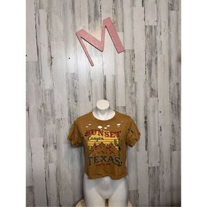 Messy Bun Just Chillin Sunset Canyon Texas Distressed Crop Top Mustard Yellow Si